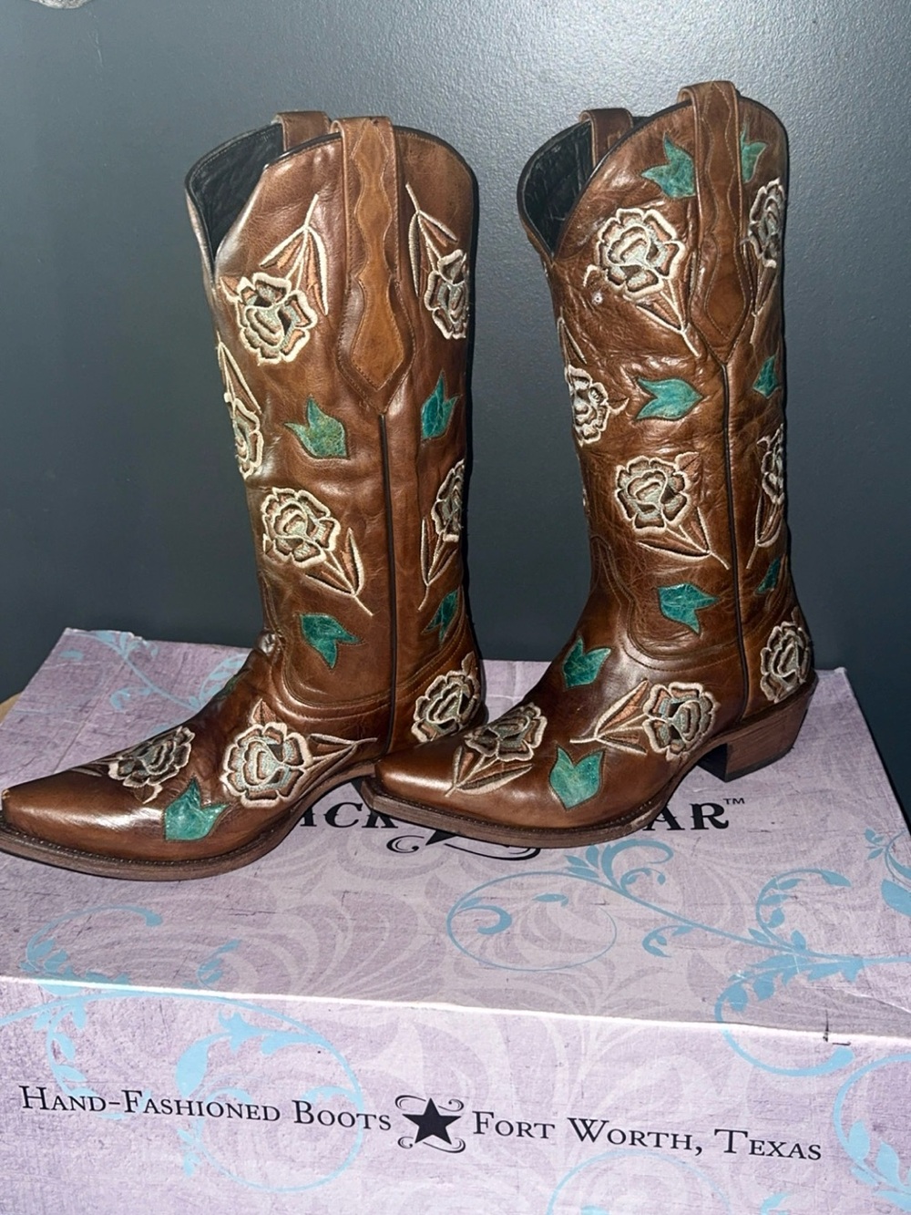 Brown Floral Embroidered Western Heeled Boots — Women